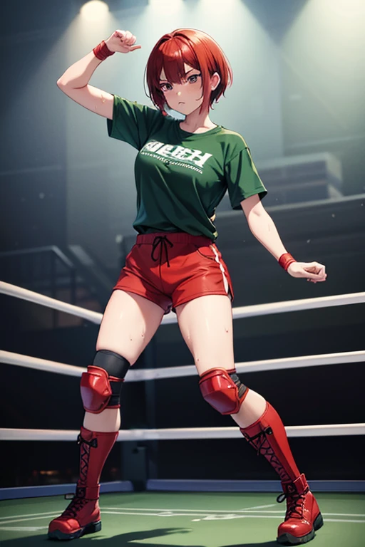 Anime Art、Full body portrait、Professional wrestling ring、A female martial artist, standing upright, about 165cm tall, around 30 years old, wearing a dark green T-shirt and dark green shorts、The hairstyle is a short cut、Red hair、almondeyes、Red Eyes、Angry expression、sports boots、My whole body is wet with sweat、red wristbands、Red knee pads、Freckles on the face、Diagonally below