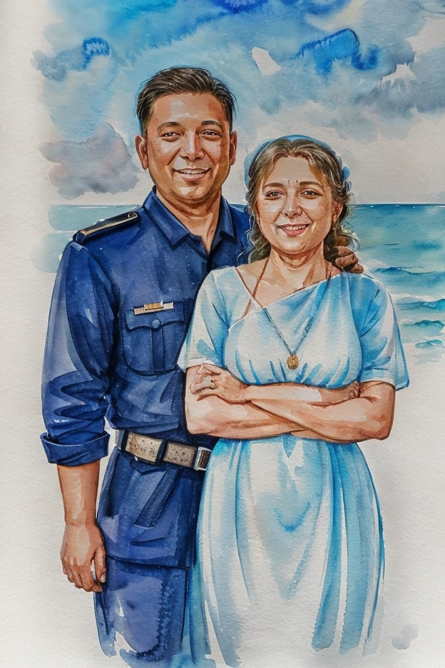 Full-body watercolor painting of a romantic couple at the seaside. The groom is in a brown police uniform, and the bride is in a nurse's uniform. Both are looking at the camera with warm smiles, in a relaxed, casual pose, The background features a serene, dreamy seaside setting with soft, blended colors and gentle brushstrokes, creating a romantic and intimate atmosphere