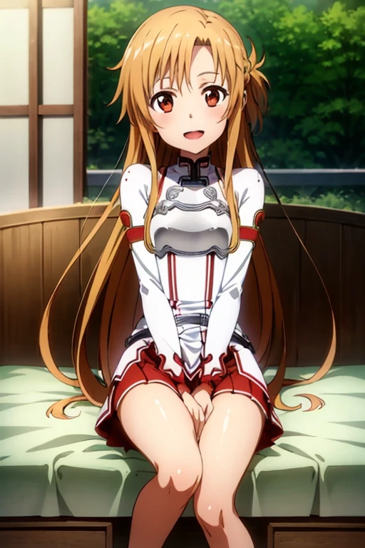 ((Highest quality)), ((masterpiece)), (be familiar with), Perfect Face, indoor, Bedroom, Watching the audience,
One woman, Yuuki Asuna,
Open Mouth, Ecstatic expression, blush, smile,
Small breasts, Flat Chest, , , child, Girl,
Long Hair, Long Hair,
Leg spread,