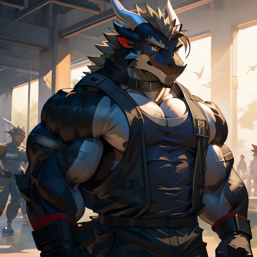 There is a Black Dragon exercising in the mirror(Black Dragon),Finishing touch(Sharp eyes),Snake Eyes(Snake Eyes),masterpiece, solitary, (Black Dragon, Golden Eyes, Medium gray hair, A pair of white horns), Muscular body,Collar Dog,Sharp dragon claws, sexly,full-body shot,Handsome, OK, aldult, Strong, For the audience(For the audience), Black shirt, gene, Training Kit,Combat Suit,Combat Gloves,Camouflage,patriotic,drinking water,hairy,Training ground(Training ground),Just finished exercising,Standing,Straight posture(),Adjust the status,Lift the top,Muscle fullness(Put your hands behind you),Stand Up Straight,sexly,Wearing combat vest(Black vest,Tightly wrapped around the muscles),Cold expression,。