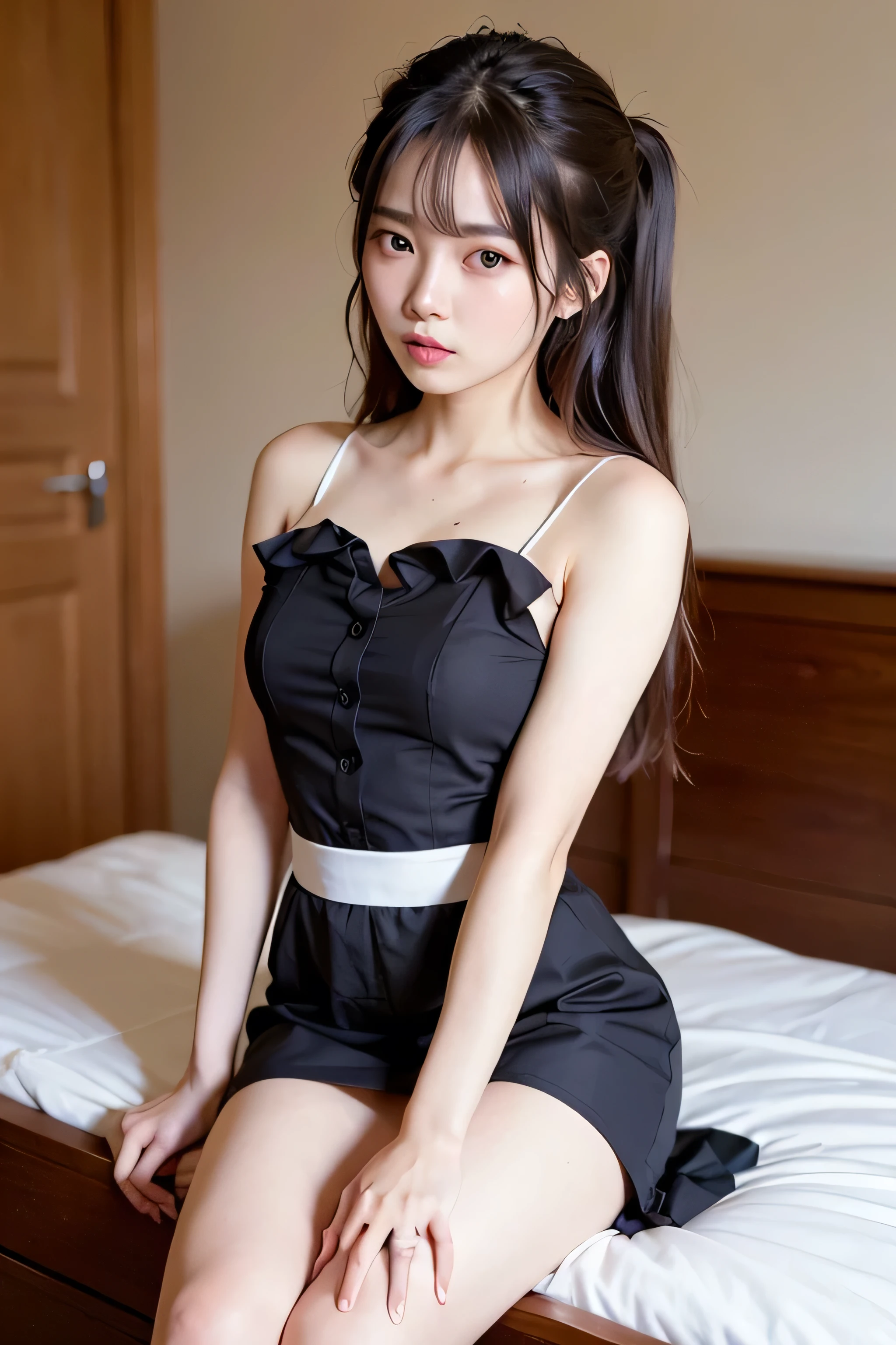 (8K, RAW Photos, highest quality, masterpiece:1.2), (Realistic, Photorealistic:1.37), Ultra-detailed, super high resolution, (Movie heroine), ((bed in girl's cute room)), (14 year old beautiful girl, Baby Face:1.5), ((Short pigtails)), (Model-like posture), (Small beautiful butt), (Thin thighs), (Narrow waist), (Small breasts), (Stunningly beautiful face, Idol Face), ((Silk tank top:1.3, Silk mini skirt:1.3, Unique costume design:1.3)), (Dynamic Angle), Dynamic Lighting, (Detailed eyes and face:1.2), (small beautiful hands:1.2), (Perfect Anatomy:1.3), (Put on a provocative and sadistic look:1.4)