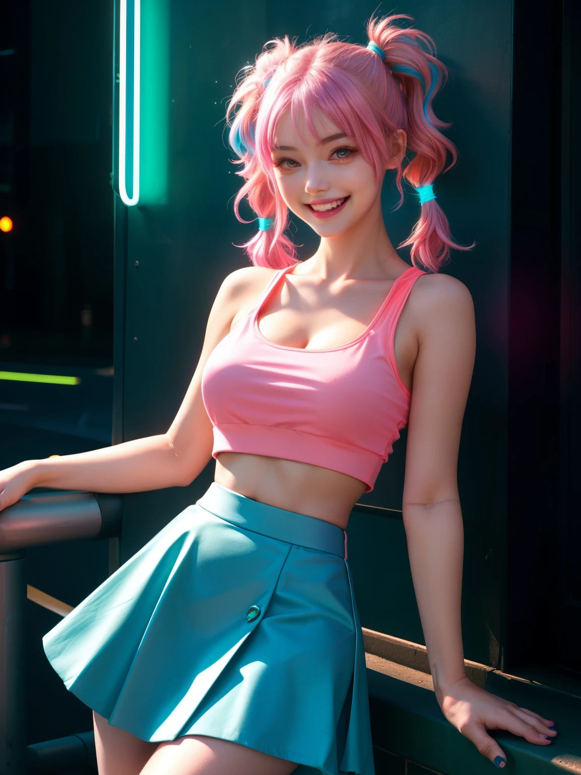Beautiful girl，only one girl，looks into camera，Close-up，Movie light，grow，A smile full of happiness，Softens hair，Pink puffy skirt，At a romantic dance party，The lights of the dance party flicker，the night，，cyberpunk hair，Hair color is changeable