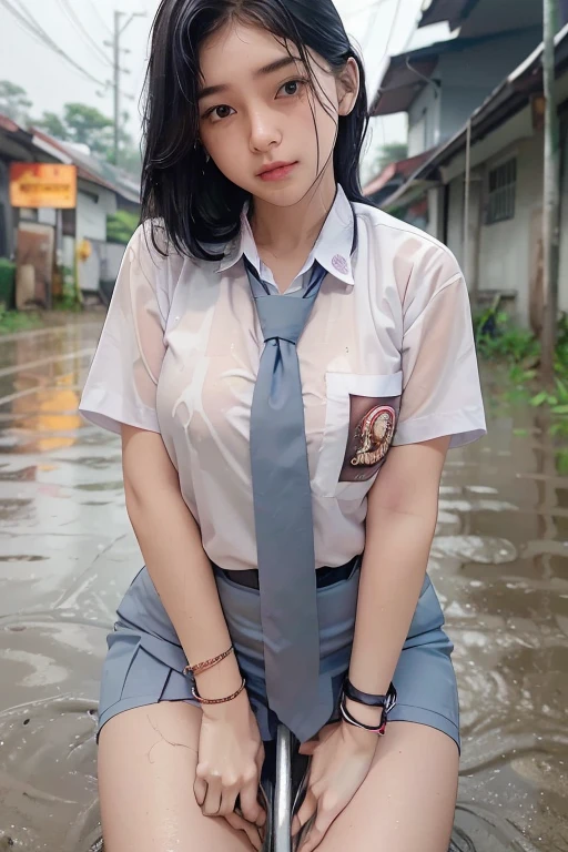 masterpiece, score_9, high quality, Realistic, UHD 8K detailed, full body photo, best result, 1 tall woman, alone at night, (undercut mullet hairstyle, black hair), scared face expression (head turned to the side, avoiding camera shot), plump body, blue eyes, Indonesian high-school uniform, (wearing transparent white tight shirt, short sleeves, light-grey tie,), osis logo on shirt pocket, perfect round breasts, long light-grey pleated tight skirt, medium length white socks, black school shoes, school backpack, wearing jewelry (gold chain bracelets, gold earrings, gold necklaces), pedaling a bicycle in the middle of a muddy road (the road is very muddy), expression of tiredness (tired of getting caught in the rain), heavy rain (rain at night), the rain soaked his uniform (the uniform was soaked), night sky background, best dark shot, shot from side below, low angel shot, close-up shot, best lighting at night.