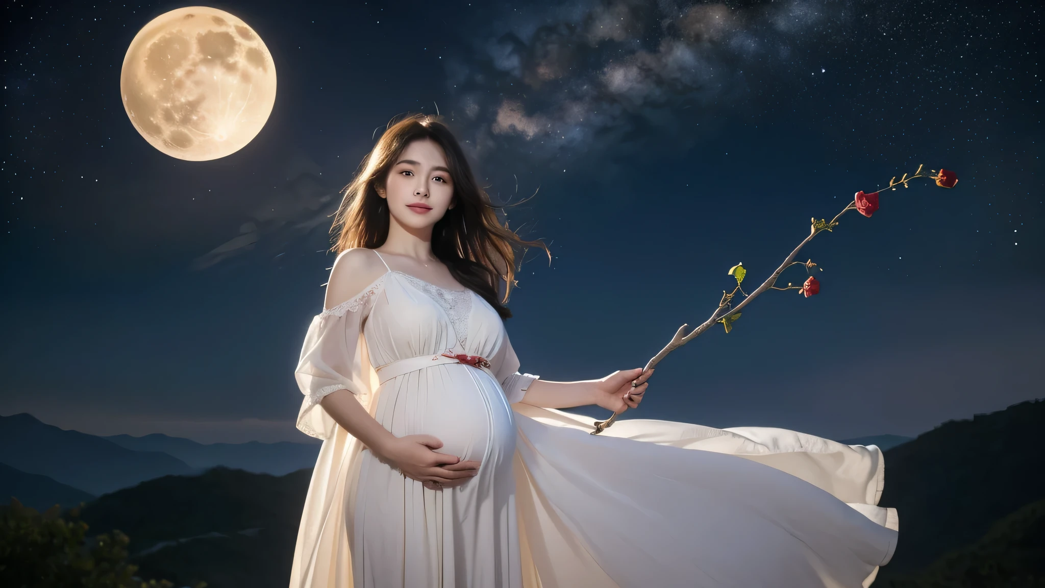 ,masterpiece, best quality, 8k, ultra high resolution , size 16 : 9 ,,Reallightandshadow, Cinema lens,(Beautiful eyes:1 .1 ), ((Scene is , Upper part of body (can)), standing position, on top of the mountain, A gentle goddess appeared with a gentle step. She wore a white dress, pregnant belly, holding a rose branch in her hand, bringing it to her nose to smell, A gentle breeze blowing, Dress dance gently. The sky above is a large full moon and a colorful galaxy, reflected in her clear eyes and gentle smile. Moonlit night scene with the Milky Way