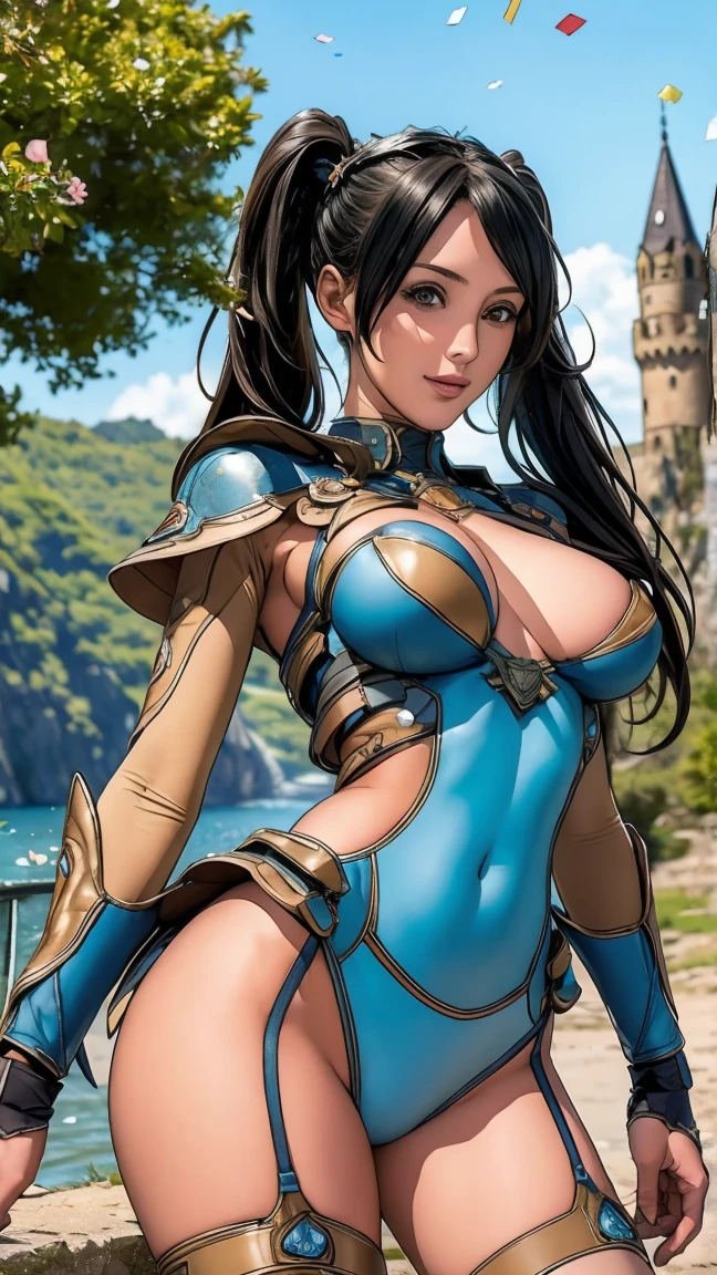 Highest quality, Official Art, masterpiece, Fabric Shading, High resolution, Very detailed, colorful, Best details, Fantasy, Combat Uniform,1 female, Lakeside with an old castle view,Long Hair, Black Hair、Twin tails, Large Breasts, skinny,Surrounded by many people:1.9、Confetti falling、Blessed、Camel Toe:1.3,