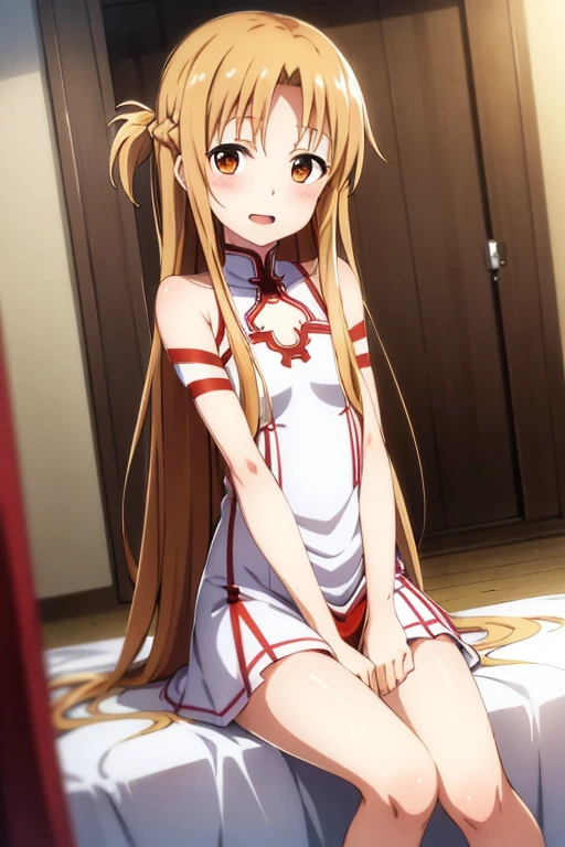 ((Highest quality)), ((masterpiece)), (be familiar with), Perfect Face, indoor, Bedroom, Watching the audience,
One woman, Yuuki Asuna,
Open Mouth, Ecstatic expression, blush, smile,
Small breasts, Flat Chest, , , child, Girl,
Long Hair, Long Hair,
Leg spread,