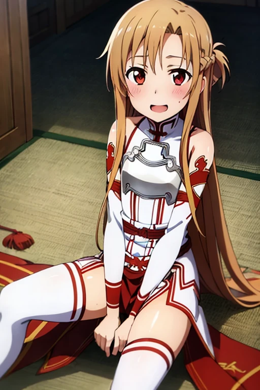 ((Highest quality)), ((masterpiece)), (be familiar with), Perfect Face, indoor, Bedroom, Watching the audience,
One woman, Yuuki Asuna,
Open Mouth, Ecstatic expression, blush, smile,
Small breasts, Flat Chest, , , child, Girl,
Long Hair, Long Hair,
Leg spread,