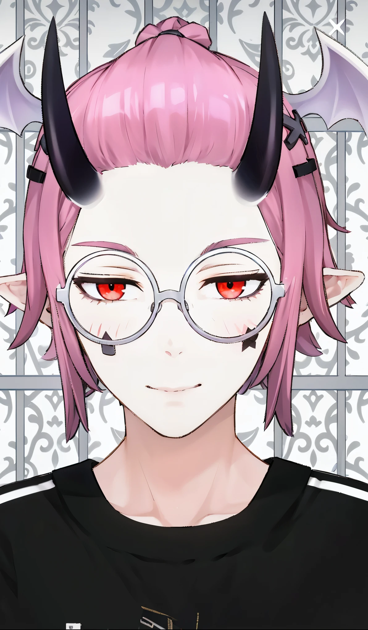 Anime girl with pink horns on her head, anime moe art style, Handsome demon girl, Demon Maiden, With demon horns, in an anime style, Demon Girl, 2 d anime style, Horns and orange eyes, There are tentacles, In anime style, portrait of a squid wizard,Angel ring with pink thorns on the head,There are two right eyes arranged vertically,Wearing round-rimmed glasses