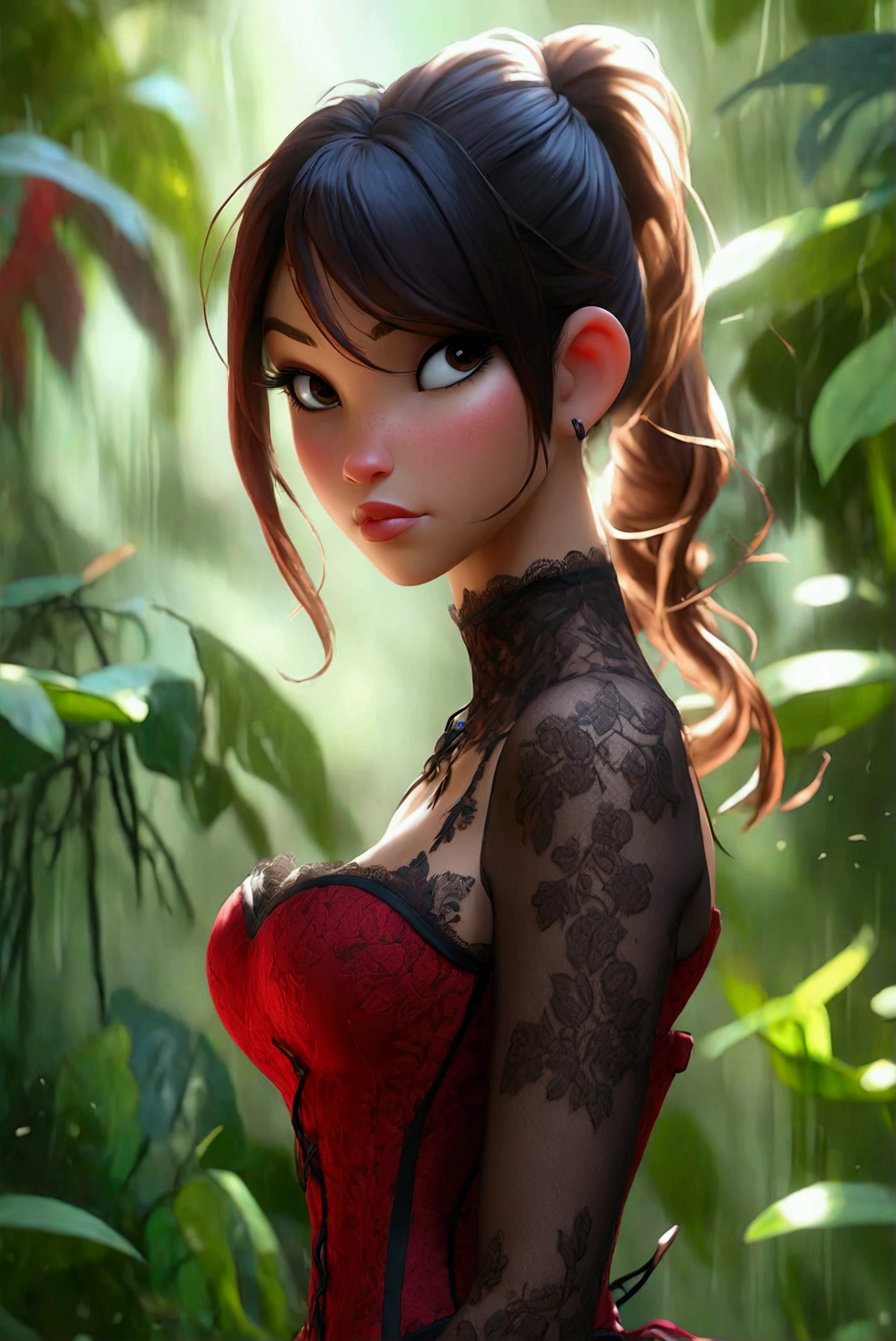 full body, pony tail, cute, petite, lace transparentdark red corset, lace transparent sexy stockung with pattern, sexy pose, masterpiece, best quality, 8k, detailed skin texture, detailed cloth texture, beautiful detailed face, intricate details, ultra detailed, in jungle, NSFW