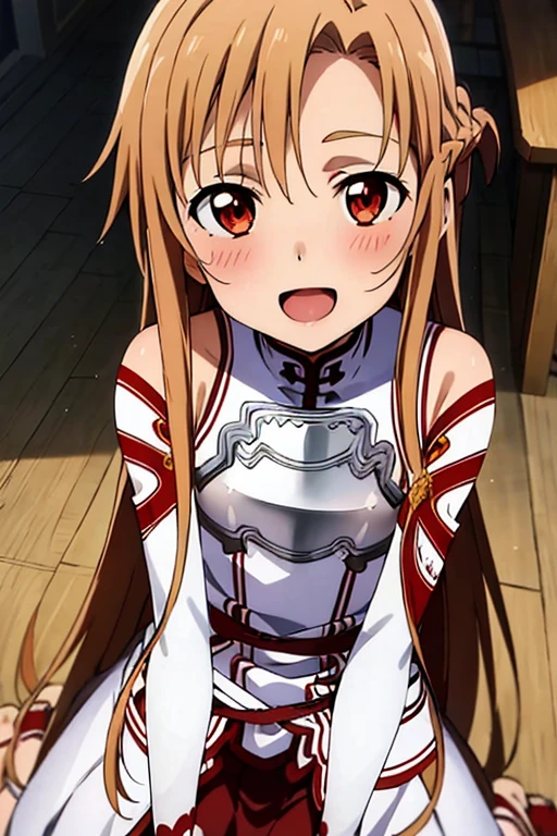 ((Highest quality)), ((masterpiece)), (be familiar with), Perfect Face, indoor, Bedroom, Watching the audience,
One woman, Yuuki Asuna,
Open Mouth, Ecstatic expression, blush, smile,
Small breasts, Flat Chest, , , child, Girl,
Long Hair, Long Hair,
Leg spread,