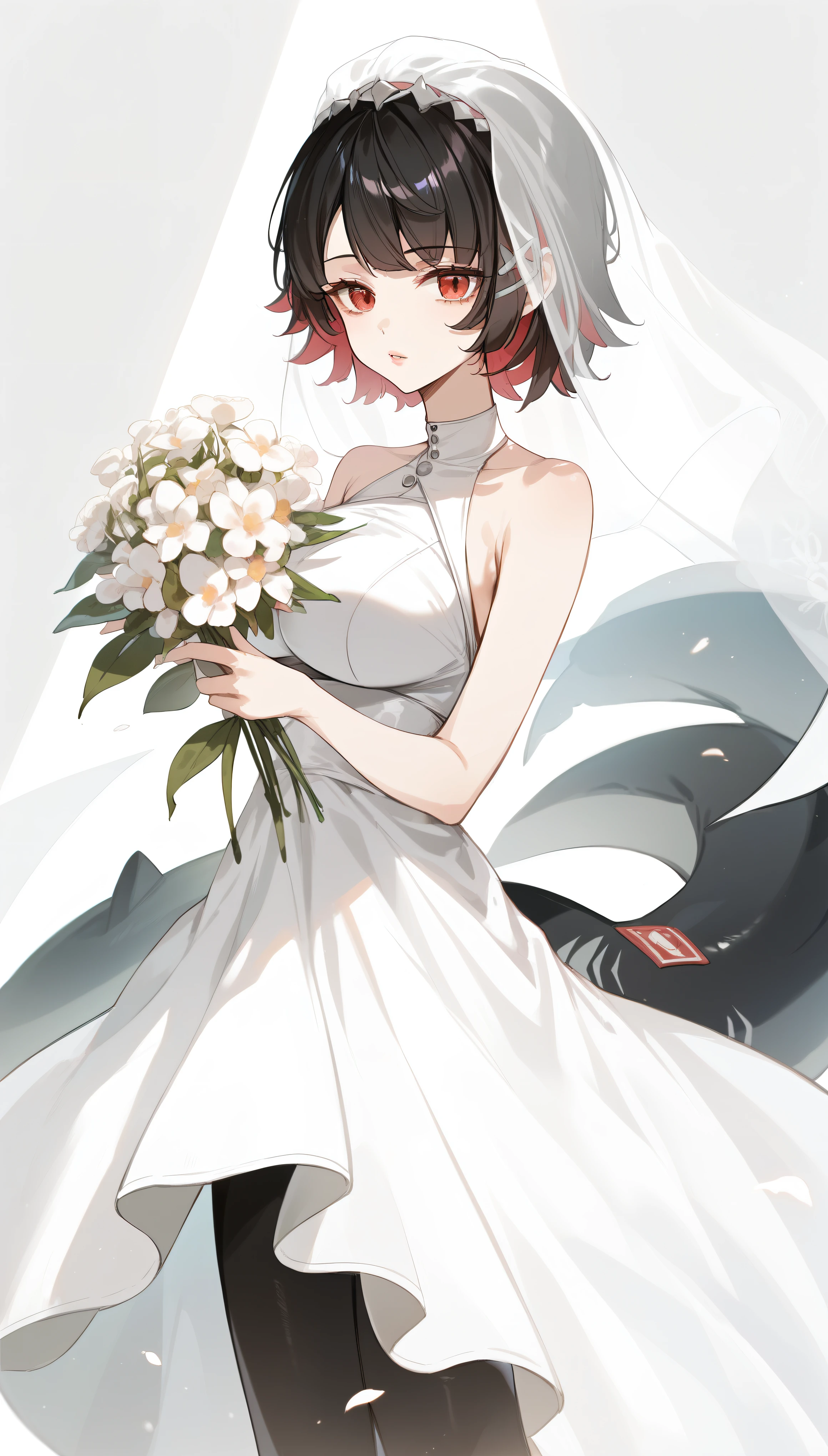 masterpiece，high resolution，Anime Art，Anime Numbers， 4k anime wallpaper，Radiant Skin，Looking at the camera，Solitary，An anime girl，Standing，Holding flowers，Lips up，White Wedding Dress，Black short hair，Striped hair，Red eyes，Big breasts，Black pantyhose，Slender legs，Black shark tail