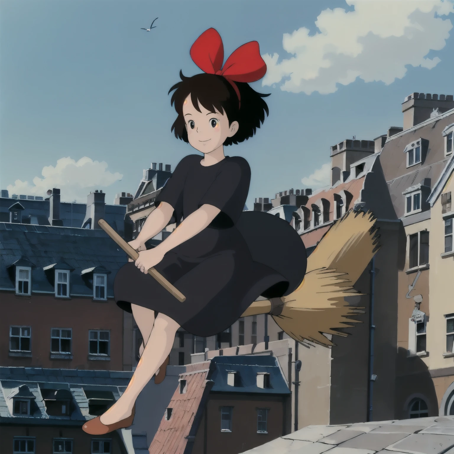 broom,holding broom,broom_riding,sitting,full body,
looking at viewer,smile,
Kiki,1girl,
short hair,
brown hair,
black eyes,
hair bow,
black dress,
brown footwear,
flying,sky,city,