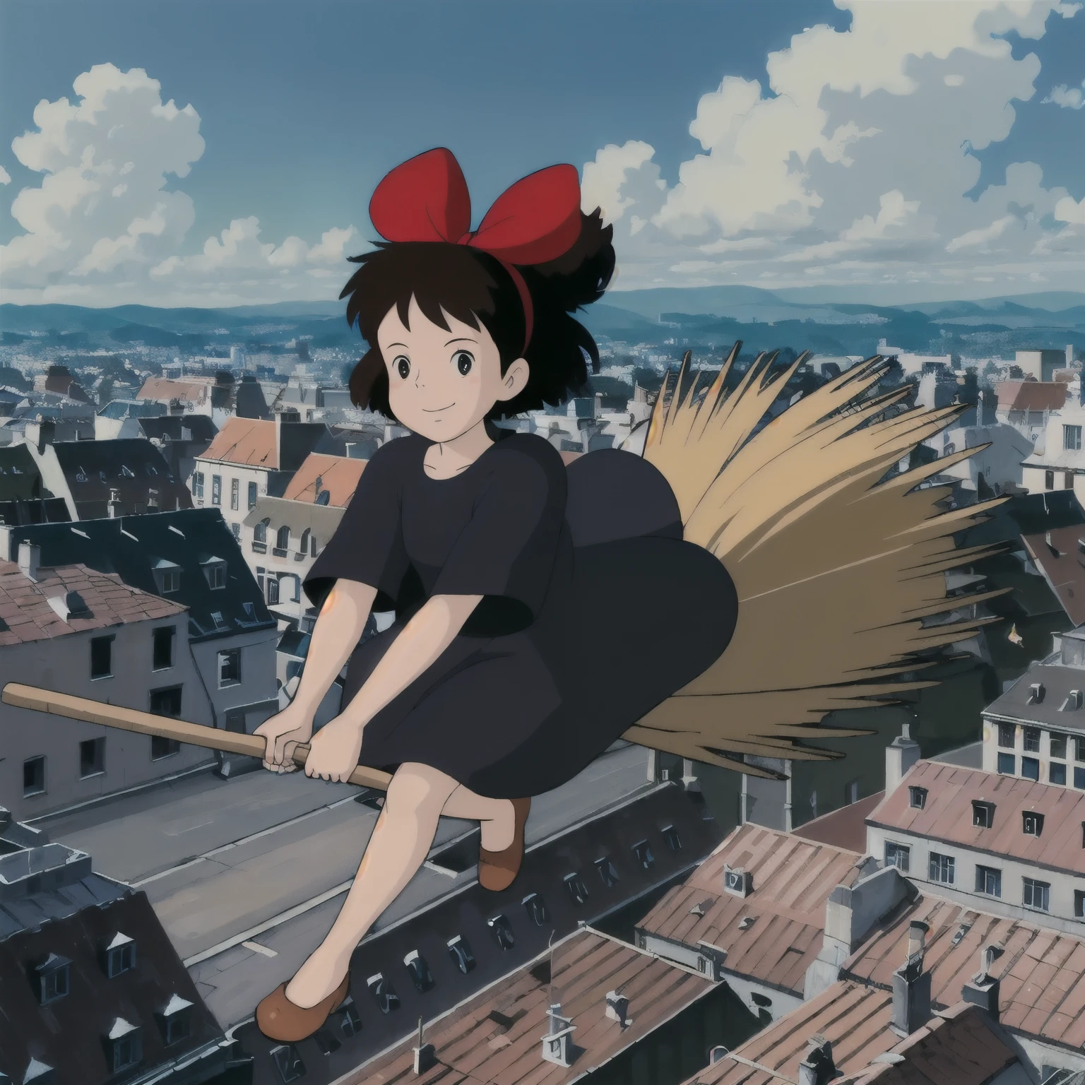 broom,holding broom,broom_riding,sitting,full body,
looking at viewer,smile,
Kiki,1girl,
short hair,
brown hair,
black eyes,
hair bow,
black dress,
brown footwear,
flying,sky,city,