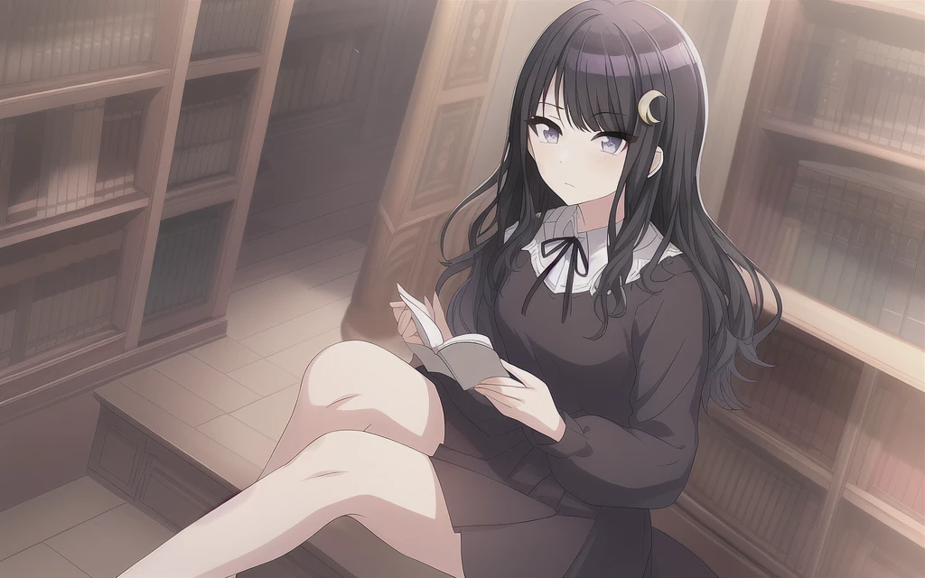 masterpiece, 1girl, solo, Kazano Hiori, purple_eyes, black_hair, bangs, black_dress, blunt_bangs, blush, crescent_hair_ornament, hair_ornament, long_hair, long_sleeves, medium_breasts, patchouli_knowledge, ribbon, sitting in the library, books, 