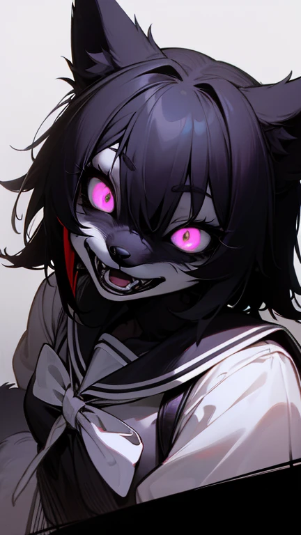 masterpiece,insanely detailed, absurdres, 16K, a girls, kemono, furry face,open mouth,tooth,evil smiling, grinning,multicolored hair, dark skin, narrow eyes,with crazy eyes, (dog_girl, anthro furry:1.1),(anthro_female_dog:1.1), fluffy fur, flat chest,white background, upper body,gothic lolita,dutch angle shot