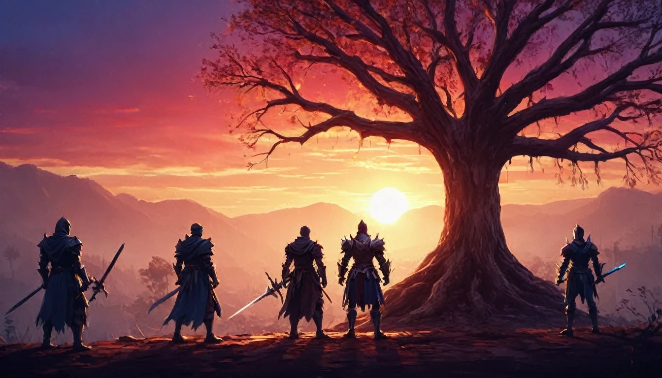 action movie shot, four heroes from the back, knight, mage, healer, assassin, cartoonish pixel style, no face details, large tree in the background, dynamic poses, intense atmosphere, vibrant colors, sunset colors, dramatic lighting, [heroic silhouettes], [adventurous setting], [epic backdrop], [action-packed scene], [strong composition]