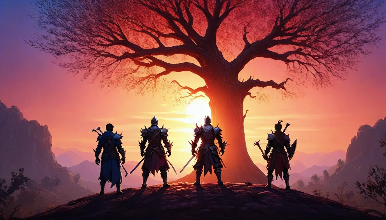 action movie shot, four heroes from the back, knight, mage, healer, assassin, cartoonish pixel style, no face details, large tree in the background, dynamic poses, intense atmosphere, vibrant colors, sunset colors, dramatic lighting, [heroic silhouettes], [adventurous setting], [epic backdrop], [action-packed scene], [strong composition]