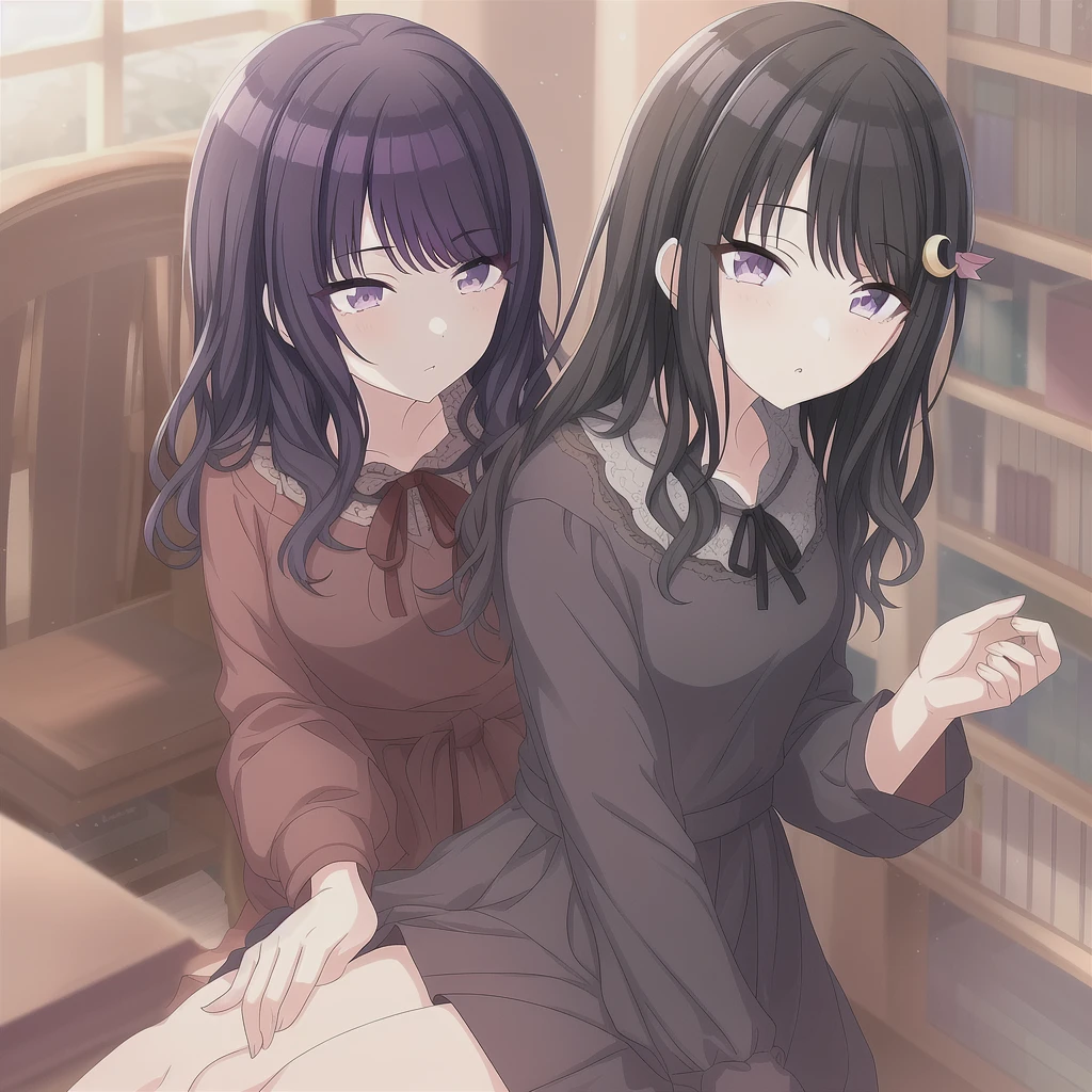 masterpiece, 1girl, solo, Kazano Hiori, purple_eyes, black_hair, bangs, black_dress, blunt_bangs, blush, crescent_hair_ornament, hair_ornament, long_hair, long_sleeves, medium_breasts, patchouli_knowledge, ribbon, sitting in the library, books, 