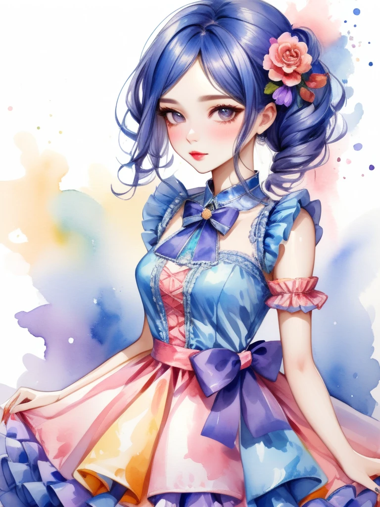 Watercolor painting beautiful idol girl wearing an idol dress, . Vibrant, beautiful, painterly, detailed, textural, artistic