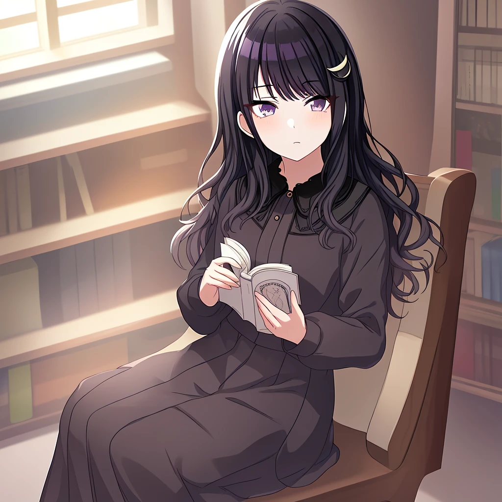 masterpiece, 1girl, solo, Kazano Hiori, purple_eyes, black_hair, bangs, black_dress, blunt_bangs, blush, crescent_hair_ornament, hair_ornament, long_hair, long_sleeves, medium_breasts, patchouli_knowledge, ribbon, sitting in the library, books, 