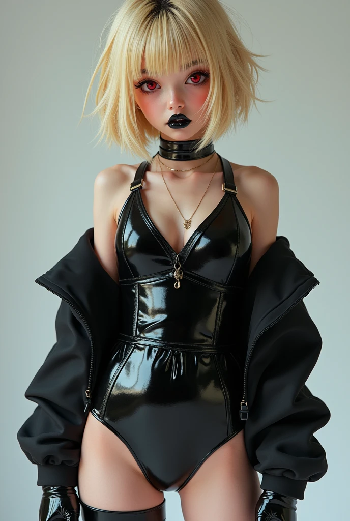 Beautiful woman with short blonde curly hair with blue eyes wearing Silk Tight Skirt, Sexy Criss Cross Mock Neck Short Sleeves Shirt, luxurious jewelry, standing in a fitting room at night with legs open, (ebony skin), (lipstick), (elegant mascara), (slim body with abs), (small breasts) midjourney, <lora:GoodHands-, <lora:GoodLegs-, UHD, high resolution, (masterpiece:1.1, best quality), (expressive eyes, perfect face, full body, expressive face, perfect body, athletic, fit, slim body, blushing, Perfect makeup, eyeliner, beautiful eyelashes, smiling, horny face), ((best illumination, best shadows))