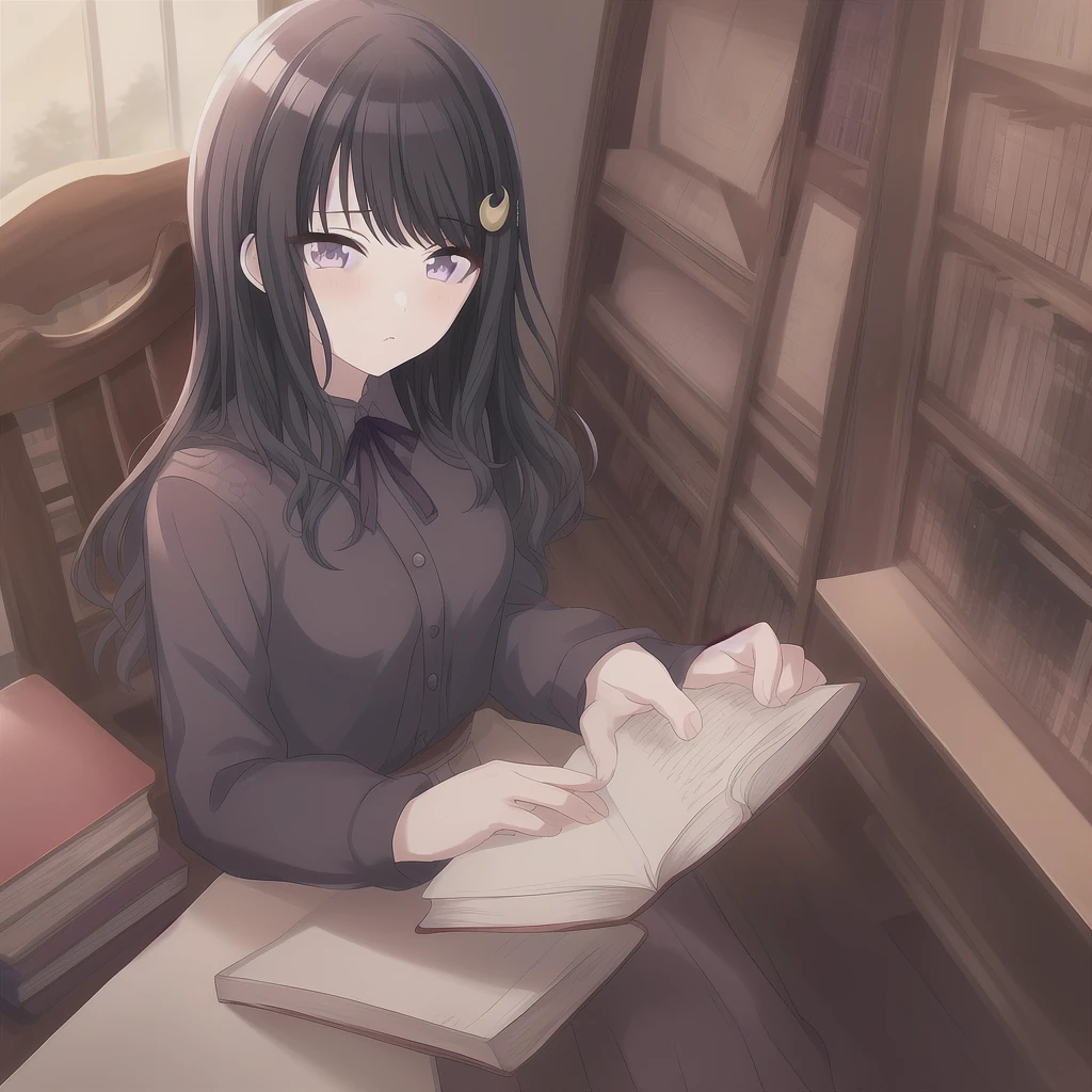 sauce_anime, ambient light, masterpiece, 1girl, solo, Kazano Hiori, purple_eyes, black_hair, bangs, black_dress, blunt_bangs, blush, crescent_hair_ornament, hair_ornament, long_hair, long_sleeves, medium_breasts, patchouli_knowledge, ribbon, sitting in the library, books, 