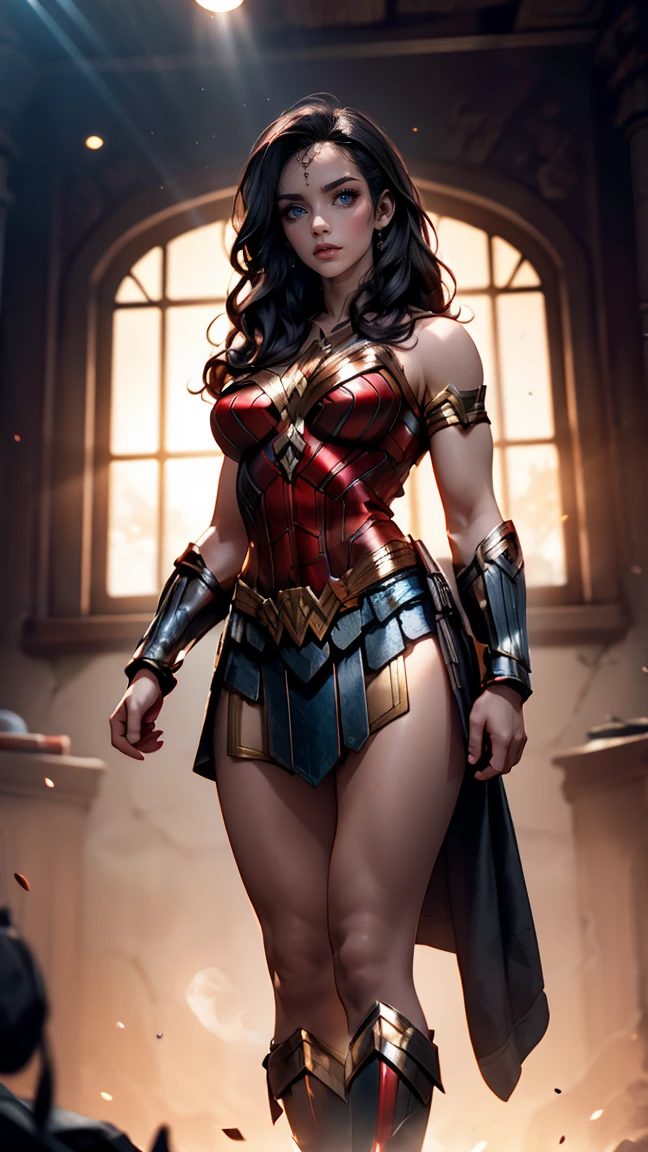 A scene from a movie, DC Wonder Woman full body pic with legs open, black eyes and half brown, black hair definitely, having some front hair also, body of 16 year girl, Distorted Space, Twisted undead in the background, Lens flare, Light Shaft, Intricate details, Detailed, Volumetric lighting, 4K Rendering, Stock Photo, Surreal, Realistic texture, Dramatic lighting, Unreal Engine