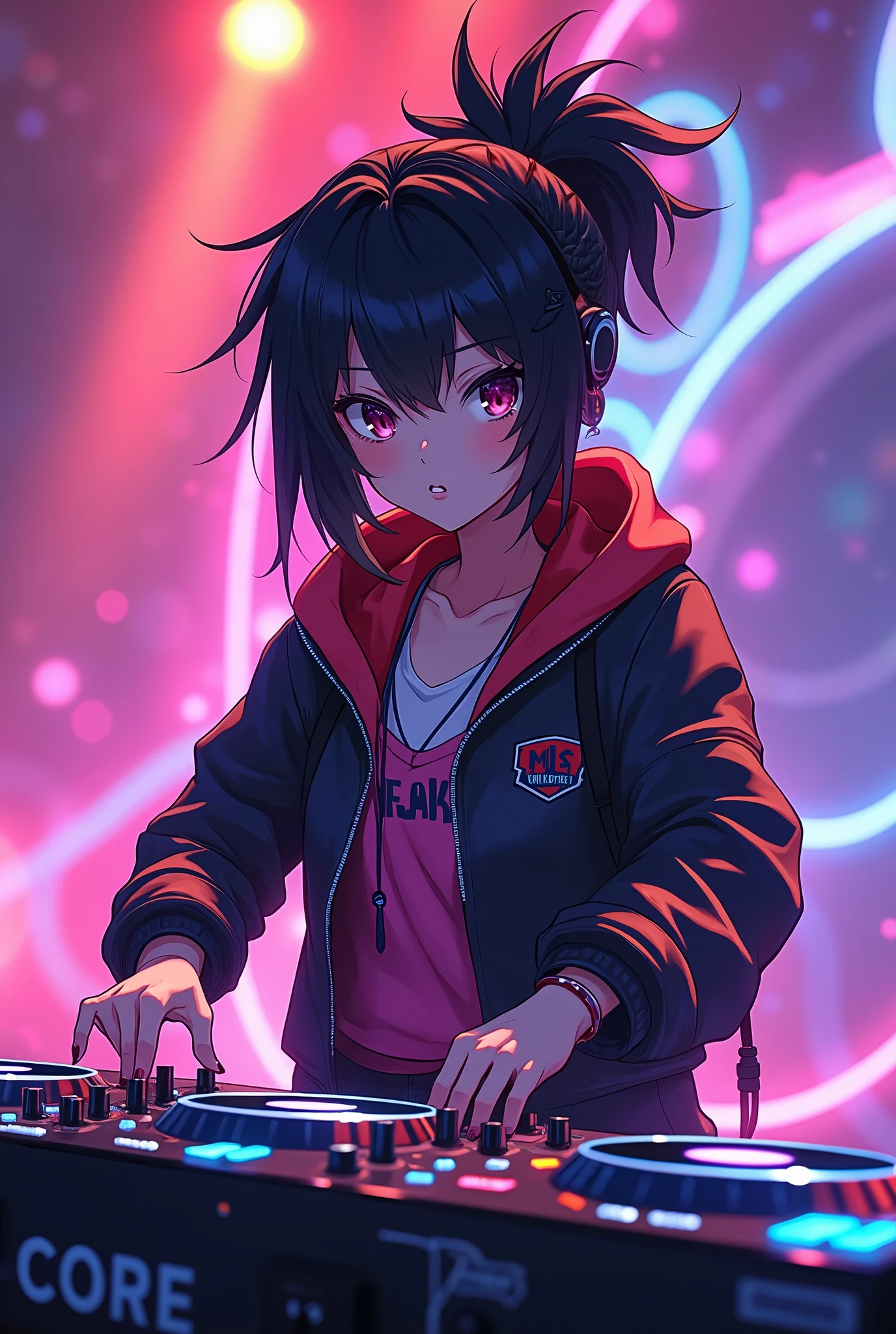 beautiful girl incredible quality perfect anatomy nekomimi 4k vtuber with red eyes multiple color blue and black hair with pink ribbon Short pleated skirt sailor style blouse long sleeve white long stockings pink tennis shoes with black vtuber youtuber in recording studio room PC gamer in the background and cyberpunk LED lights 