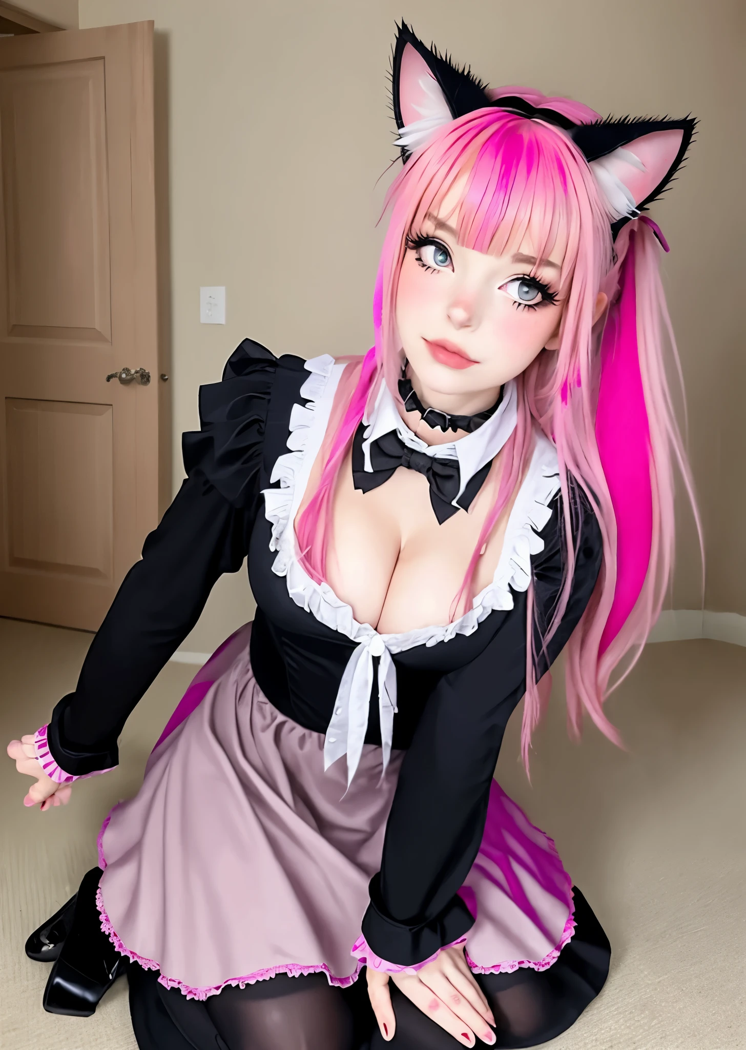 1girl,egirlmakeup, messy hair, messy ponytail, messy bangs, pink hair, big breasts, collar, indoors, looking at viewer, facing viewer, pale skin, cat ears, blush, blushing, kneeling, looking at viewer, head tilt, black maid dress, black maid uniform, bowtie, long sleeves