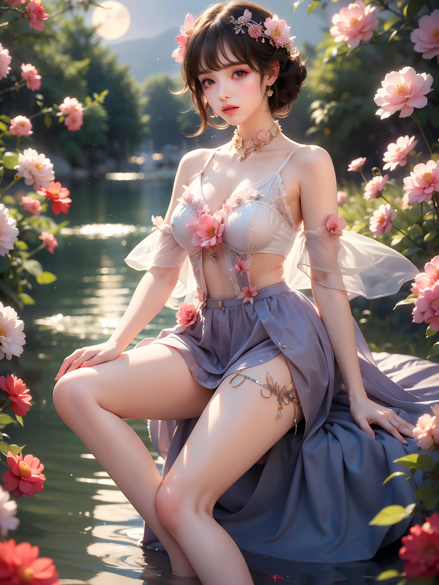  (High quality details), 1 Girl, solo, Young women, Elegant Posture, ((night, moonlight)), In the water, (Natural reclining posture), (Focus on natural body posture and correct anatomy:1.3), (Perfect leg proportions:1.3)，(True and accurate leg shape:1.2), ((Natural leg position)), The skirt is very short, One hand stroked the hem of the skirt, Lift the hem of the skirt, Bare shoulders, Natural posture, Soft expression, Exquisite makeup, Soft blush, Bright Eyes, Soft lips, Flower fairy style, ((Anatomically accurate)), (Real natural legs), Smooth skin, Soft lighting, high resolution, 8K Ultra HD, Clear focus, Professional photography effects, Random elegant scenes, Multi-angle shooting