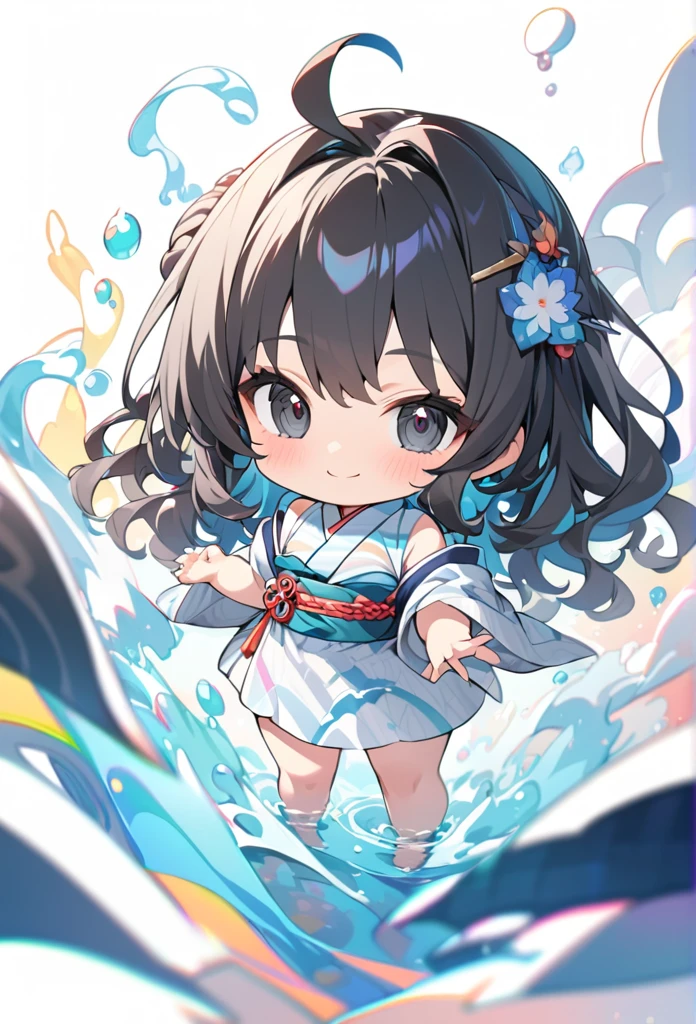 female child, , glad, smiling, looking at viewer, hime cut, ahoge, wavy hair, black hair, black eyes, big eyes, fair skin, chibi, A kimono based on light blue and white stripes with a Splashes pattern, Japanese hairpin, white background, masterpiece, best quality, detailed, ultra detailed, hyper detailed, insanely detailed, exquisite, beautiful, Full-HD, 16K, cute, fantasy, vibrant academia, anime, 2d anime, chibi anime, icon, soft lines, soft surface, simple line drawing, full body shot, front view, best light, fast shutter speed, depth of field, highly saturated colors, vibrant colors, pale colors, best hand