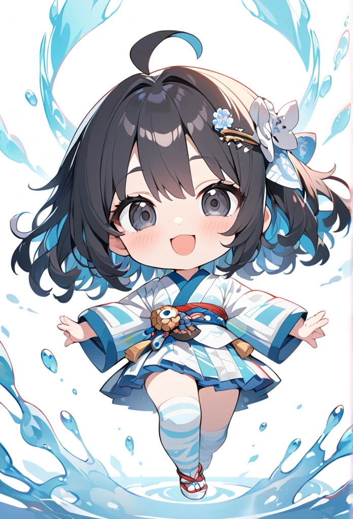 female child, , glad, smiling, looking at viewer, hime cut, ahoge, wavy hair, black hair, black eyes, big eyes, fair skin, chibi, A kimono based on light blue and white stripes with a Splashes pattern, Japanese hairpin, white background, masterpiece, best quality, detailed, ultra detailed, hyper detailed, insanely detailed, exquisite, beautiful, Full-HD, 16K, cute, fantasy, vibrant academia, anime, 2d anime, chibi anime, icon, soft lines, soft surface, simple line drawing, full body shot, front view, best light, fast shutter speed, depth of field, highly saturated colors, vibrant colors, pale colors, best hand