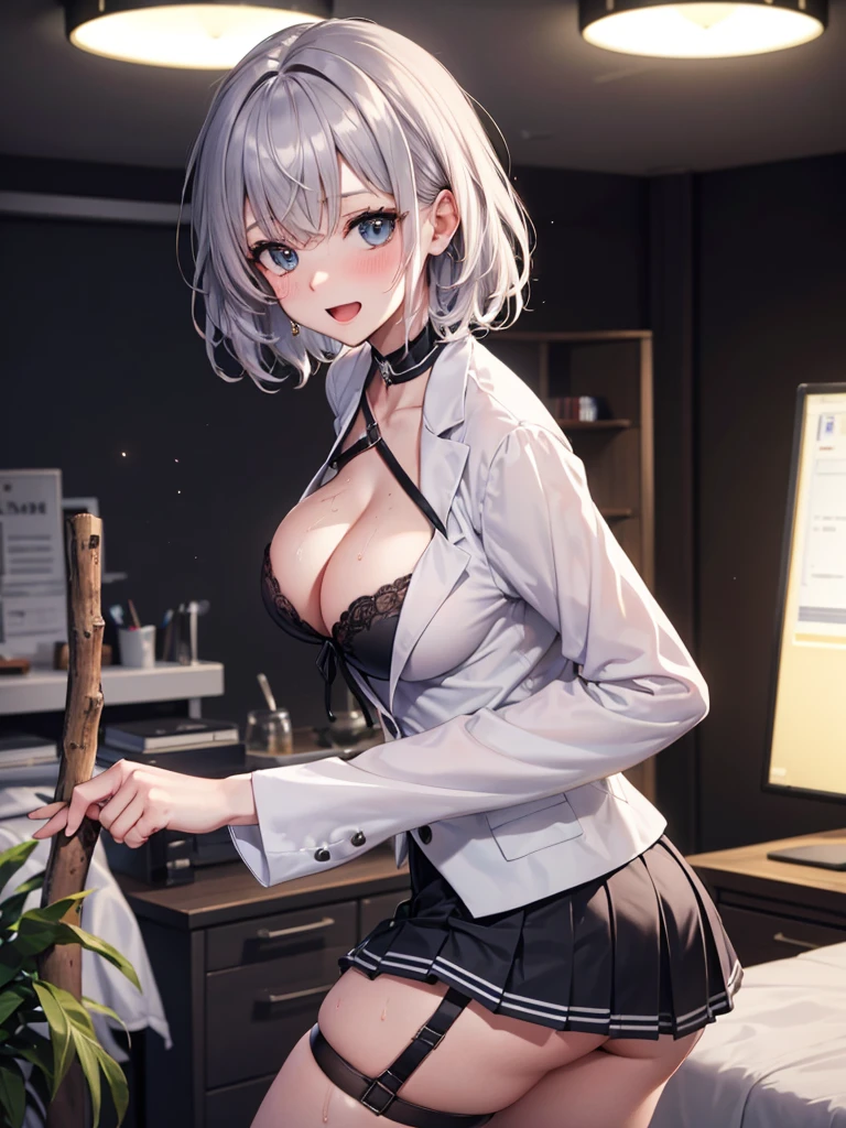 ((Highest quality)), ((masterpiece)), (detailed), woman,Age 20,office lady,uniform,(White suit),(Open the front of your shirt),(mini skirt),Big Breasts,blush,Underbust,(Her cleavage is visible),(Excited expression),(Seduce),night,Health Room,bed,Dim lighting,(Dark Room),(moonlit room),(薄Dark Roomで),(In a messy room),Browsing Caution,sexy,dirty,Sweat,(Black garter belt),(Stick your butt out),(Place your hands on the table、Turn away),(lean forward to emphasize the chest),short hair