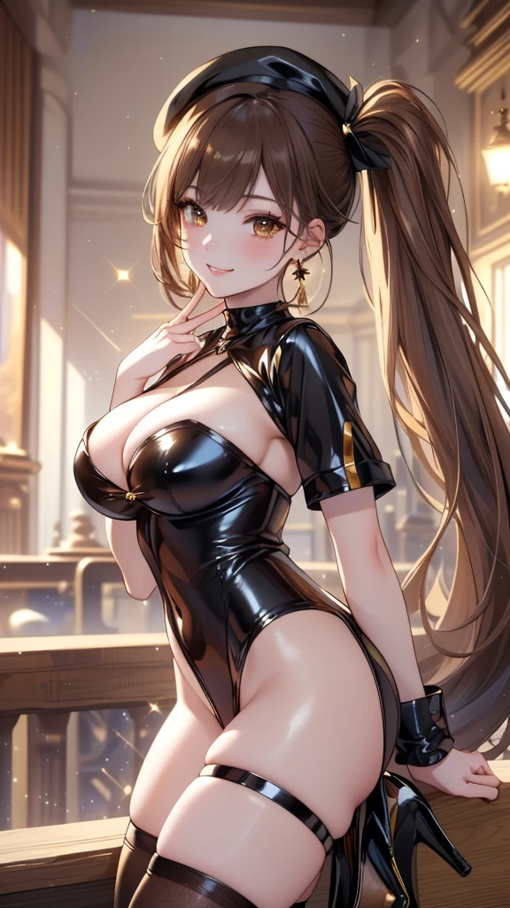 (((masterpiece, ultra HD, high resolution, ultra HD 8K))), (((one beautiful woman, pretty face, tall, beautiful body, sparkling brown eyes, eye highlights, very long eyelashes))), standing, cowboy shot, (((very large breasts))), (((race queen, Black costume, Black beret))), pelvic curtain, cross halter neck, thigh straps, (((brown knee socks))), armband, (((shiny brown long hair, bangs, side ponytail))), (((cute and charming smile))), ((cute big earrings, black high heels)), (((sexy pose of upper body)))