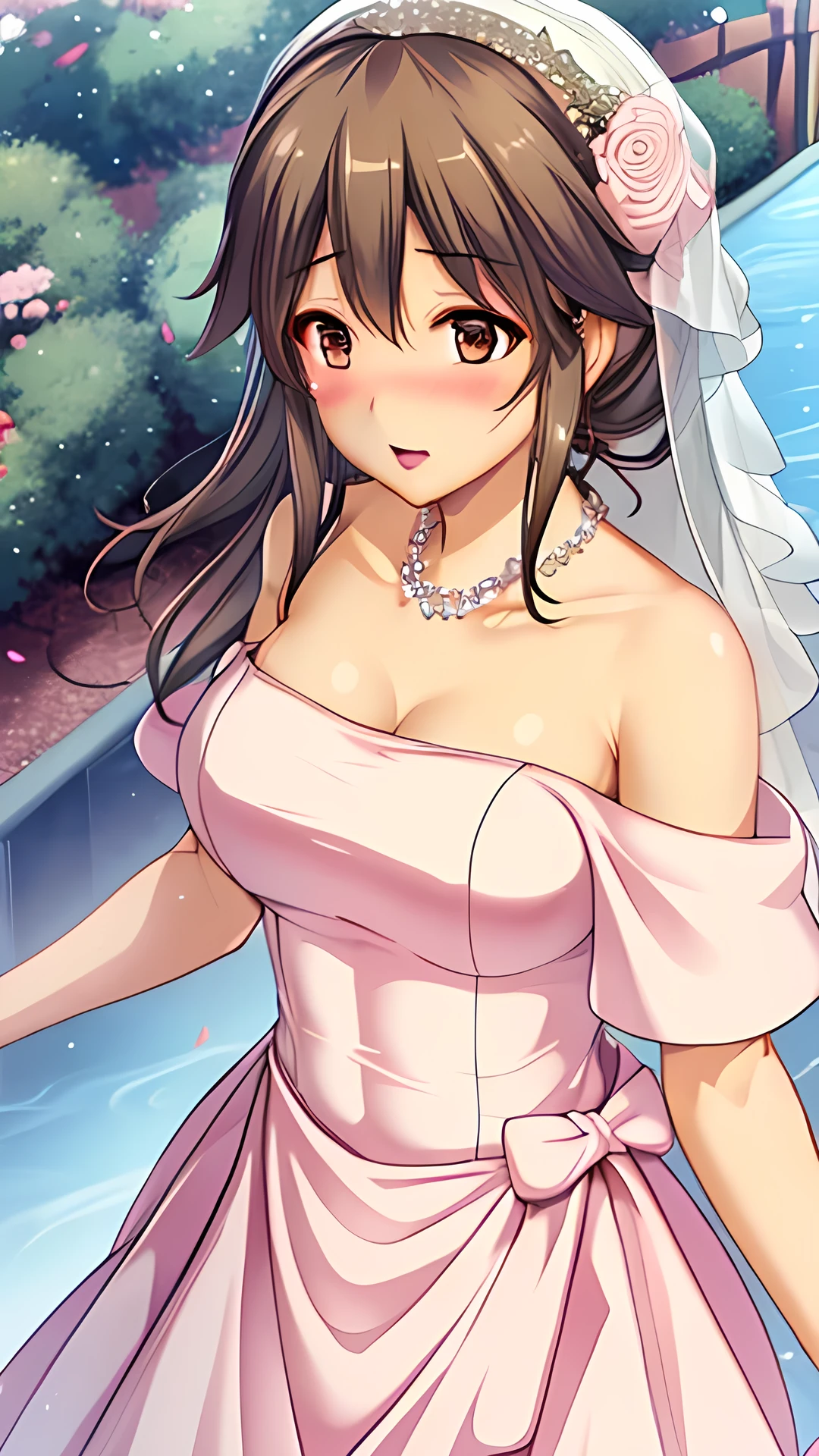 (Masterpiece), 8k wallpaper, solo, Akagi mio, game cg, beautiful detailed face and eyes, perfect anatomy, standing, outside, blush, glossy lips, wedding dress, off the shoulder, necklace, jewelry, garden