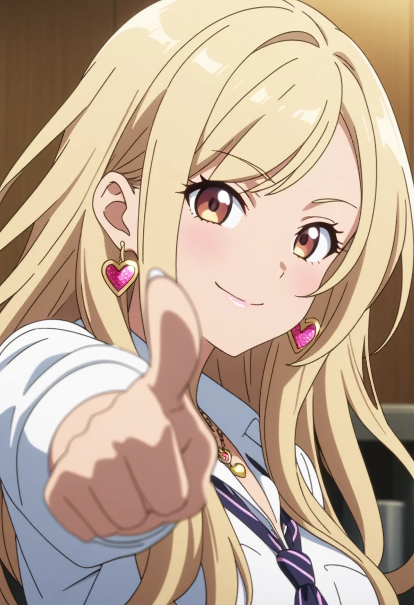 a girl with white bangs and long hair stares at something the camera is pointing at, gyaru, solo, earrings, jewelry, heart earrings, 1girl, looking at viewer, kogal, smile, anime coloring, blonde hair, brown eyes