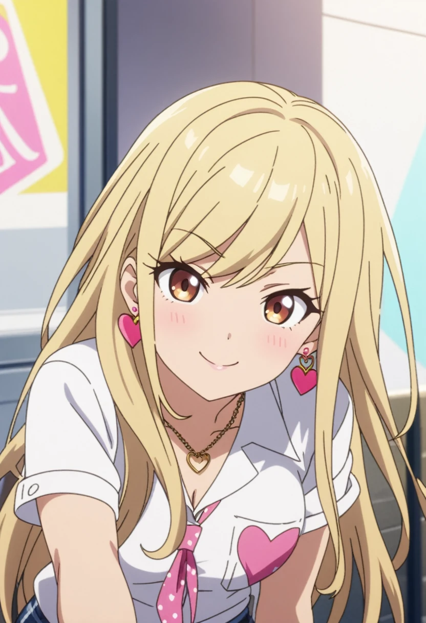 a girl with white bangs and long hair stares at something the camera is pointing at, gyaru, solo, earrings, jewelry, heart earrings, 1girl, looking at viewer, kogal, smile, anime coloring, blonde hair, brown eyes