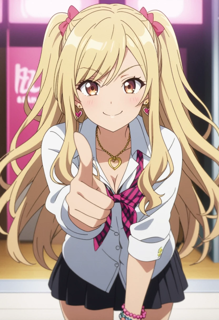 a girl with white bangs and long hair stares at something the camera is pointing at, gyaru, solo, earrings, jewelry, heart earrings, 1girl, looking at viewer, kogal, smile, anime coloring, blonde hair, brown eyes