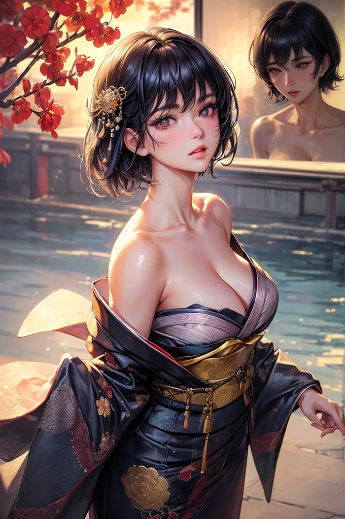 （Background with：ponds，Cherry blossom forest，lotus flower）Lie underwater， She has short black hair，seen from the front，， mostly cloudy sky，（（（tmasterpiece），（Very detailed CG unity 8K wallpaper），best qualtiy，cinmatic lighting，detailed back ground，beatiful detailed eyes，Bright pupils，Black eyes，Snow-whiteskin，Redlip（Very fine and beautiful），（Beautiful and detailed eye description），ultra - detailed，tmasterpiece，））facing at camera，A high resolution，ultra - detailed），revealing breasts，Bare genitalia，  Bulge，legs are open，Raised sexy，Camel toes，Desire for dissatisfaction，frontage，（Wearing：Red cape。Bare ）
