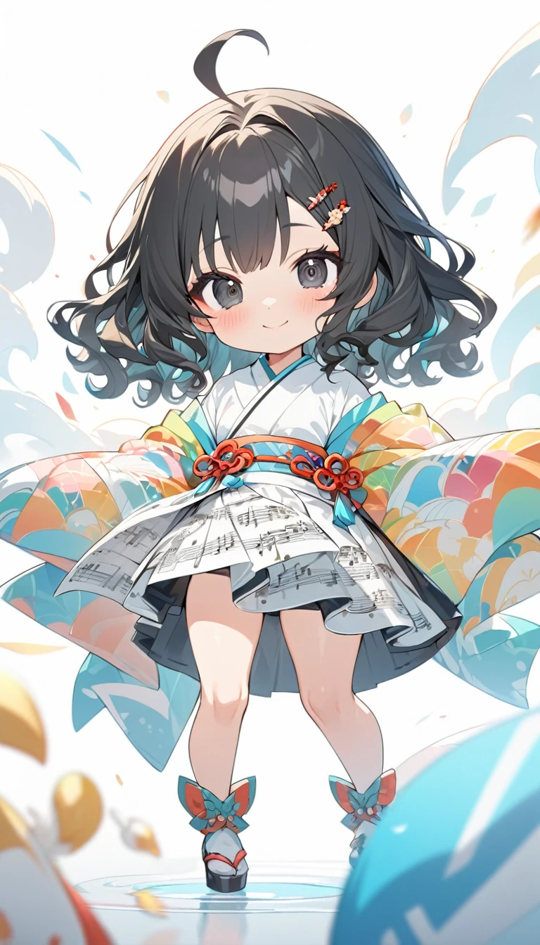 female child, , glad, smiling, looking at viewer, hime cut, ahoge, wavy hair, black hair, black eyes, big eyes, fair skin, chibi, A kimono based on white stripes with a Sheet Music pattern, Japanese hairpin, gradient white background, masterpiece, best quality, detailed, ultra detailed, hyper detailed, insanely detailed, exquisite, beautiful, Full-HD, 16K, cute, fantasy, vibrant academia, anime, 2d anime, chibi anime, icon, soft lines, soft surface, simple line drawing, full body shot, front view, best light, fast shutter speed, depth of field, highly saturated colors, vibrant colors, pale colors,best hand