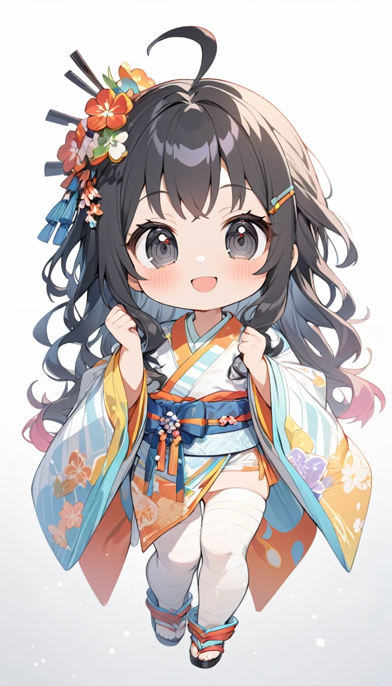 female child, , glad, smiling, looking at viewer, hime cut, ahoge, wavy hair, black hair, black eyes, big eyes, fair skin, chibi, A kimono based on white stripes with a Sheet Music pattern, Japanese hairpin, gradient white background, masterpiece, best quality, detailed, ultra detailed, hyper detailed, insanely detailed, exquisite, beautiful, Full-HD, 16K, cute, fantasy, vibrant academia, anime, 2d anime, chibi anime, icon, soft lines, soft surface, simple line drawing, full body shot, front view, best light, fast shutter speed, depth of field, highly saturated colors, vibrant colors, pale colors,best hand