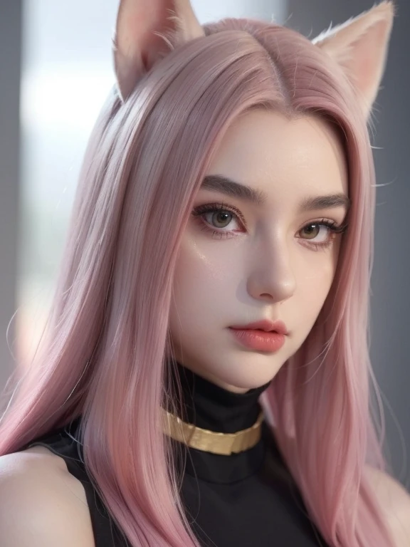 beautiful Kitsune girl wearing black dress, serious cold face, she has waist length bubblegum pink hair, pink kitsune cat ear, pale white skin, badass serious cold face, beautiful deadly sad eyes, high nose, thin lips, slim long face, v-line chin, black high neck dress, neck wearing a gold necklace, cool emotional face, office background, close face image