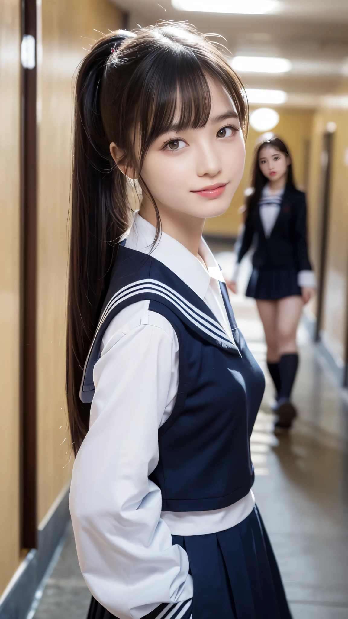 Highest quality、8k、masterpiece、Ultra-high resolution、Photorealistic、Realistic、Telephoto compression effect、1Girl、High school girls、no makeup、Delicate eyes、Kind eyes、Double eyelids、smile、side up、Black Hair、Small breasts、Sailor suit、(Dark night at school:1.3)、(Dark school hallway:1.3)、moonlight、long ponytail,