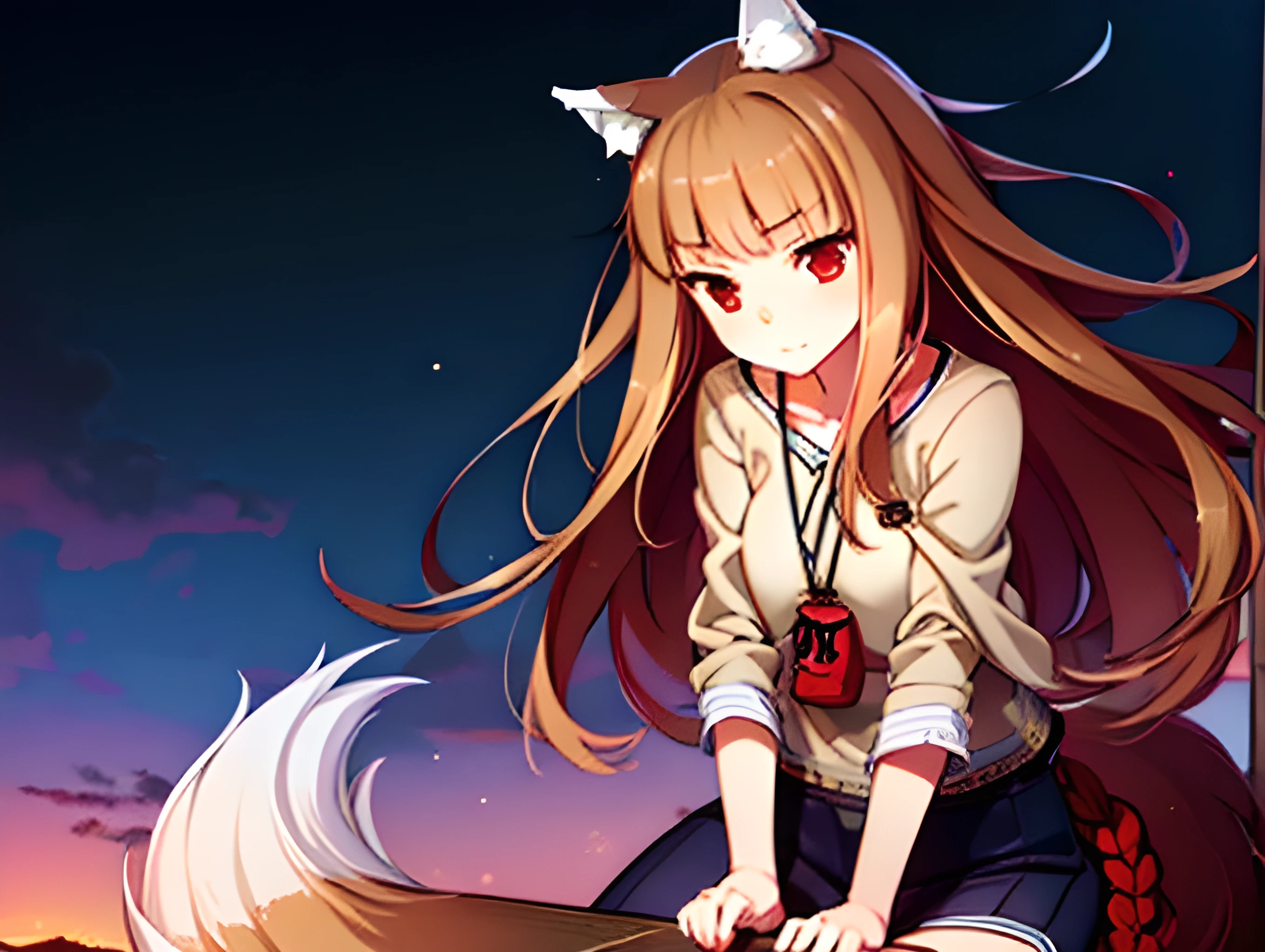 1girl, animal ears,wolf ears, tail, Wolf tail, red eyes, wolf girl, brown hair,long hair, Hemp clothing, Pouch, (extremely detailed CG unity 8k wallpaper), (highest quality), (ultra-detailed), (best illustrations), Homer、Riding on the cargo bed、Touching the tail、 