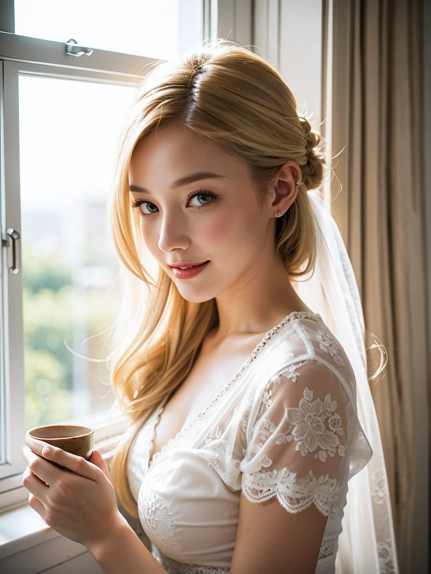 Realistic, high-definition photos. 8K, Girl at window looking out with lace curtains slightly open. In the other hand she holds a cup. luxury white lace lingerie. Long blonde hair in a bun. A happy expression on her face. A large window. The morning sun.
