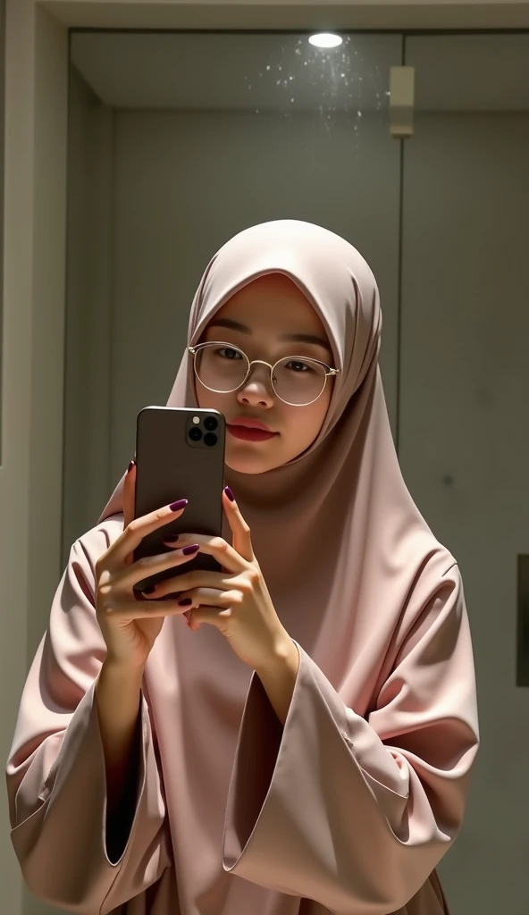 Detailed face of half body photo. 25 year old Indonesian girl with a sweet face, big round face and round glasses wearing a white pashmina hijab and a white modern robe with a pattern on the fabric, taking a selfie in a large mirror using an iPhone 15