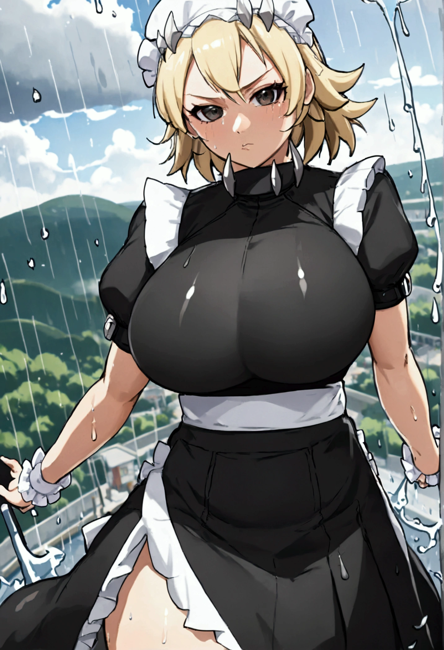 (8k, Highest quality, Anime Style, View your viewers, Intricate details:1.3),(One woman, Tsunade from naruto, Big Breasts, I can see the valley), (black and white maid outfit, See-through, Sweating, The whole body is visible, Being hit by rain, Soaking wet)