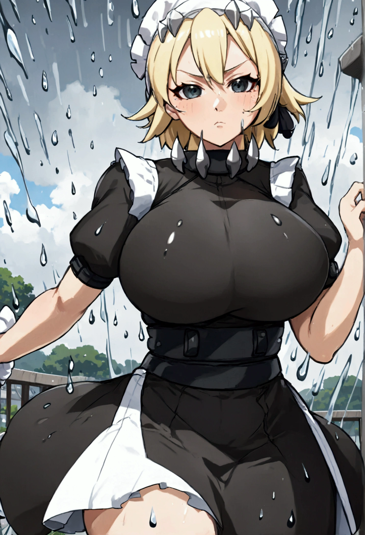 (8k, Highest quality, Anime Style, View your viewers, Intricate details:1.3),(One woman, Tsunade from naruto, Big Breasts, I can see the valley), (black and white maid outfit, See-through, Sweating, The whole body is visible, Being hit by rain, Soaking wet)