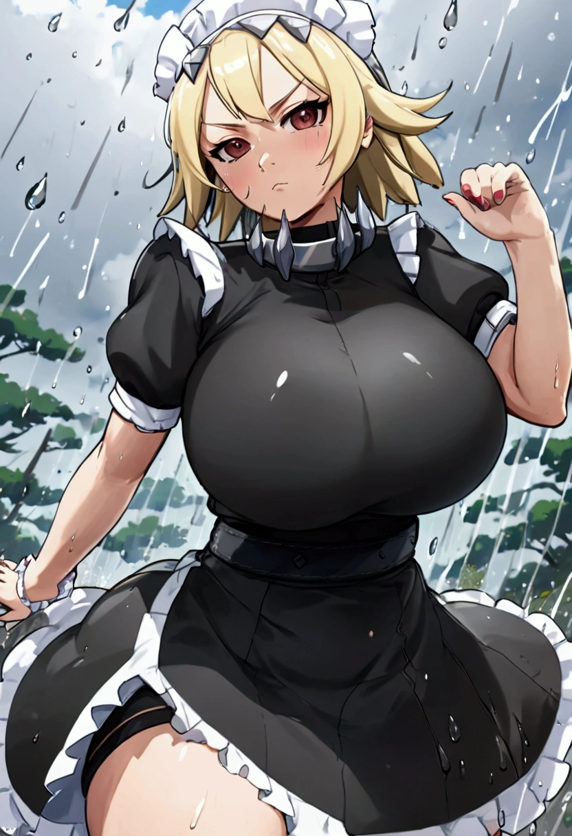 (8k, Highest quality, Anime Style, View your viewers, Intricate details:1.3),(One woman, Tsunade from naruto, Big Breasts, I can see the valley), (black and white maid outfit, See-through, Sweating, The whole body is visible, Being hit by rain, Soaking wet)