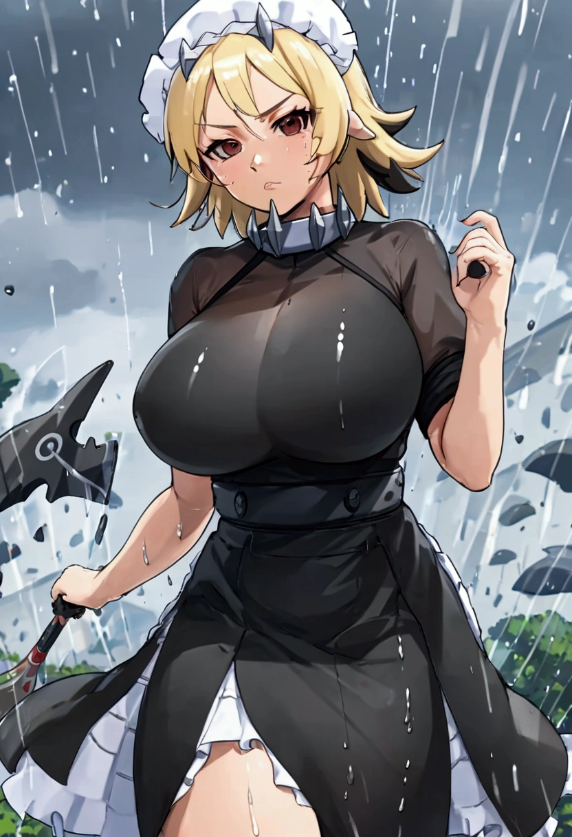 (8k, Highest quality, Anime Style, View your viewers, Intricate details:1.3),(One woman, Tsunade from naruto, Big Breasts, I can see the valley), (black and white maid outfit, See-through, Sweating, The whole body is visible, Being hit by rain, Soaking wet)